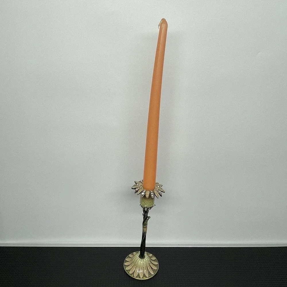 Vintage Enamel Solid Metal Candle Holder Candlestick Art Nouveau‎ Floral Jeweled